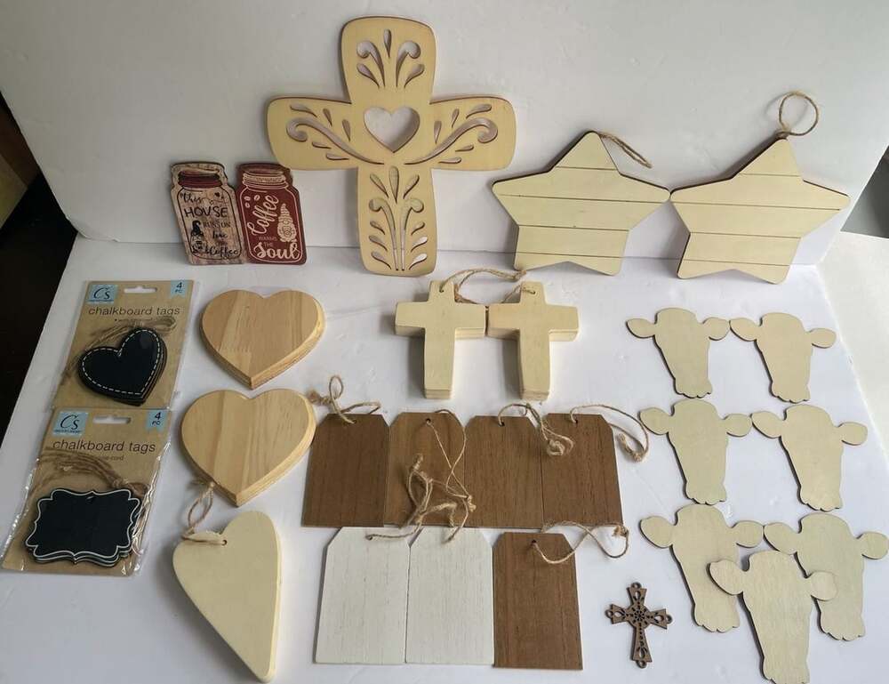 Assorted Unfinished Wooden Craft Shapes and Chalkboard Tags Lot